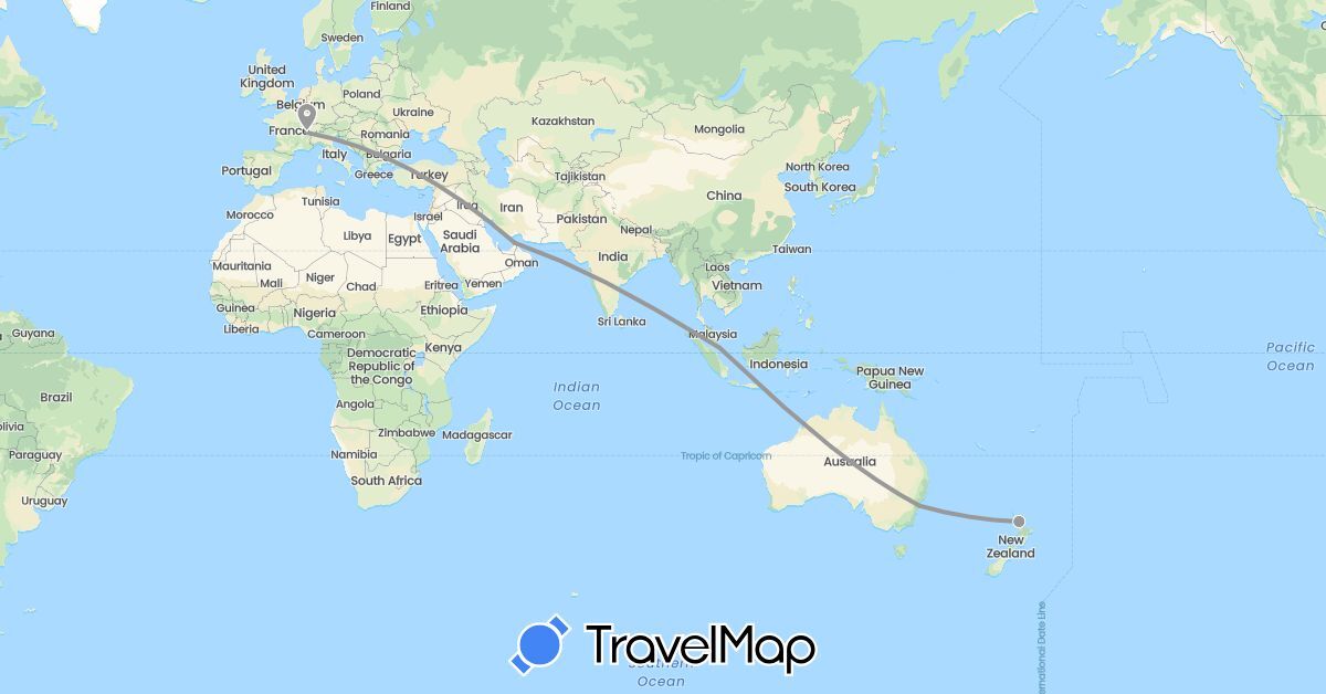 TravelMap itinerary: driving, plane in United Arab Emirates, Australia, Switzerland, New Zealand, Singapore (Asia, Europe, Oceania)